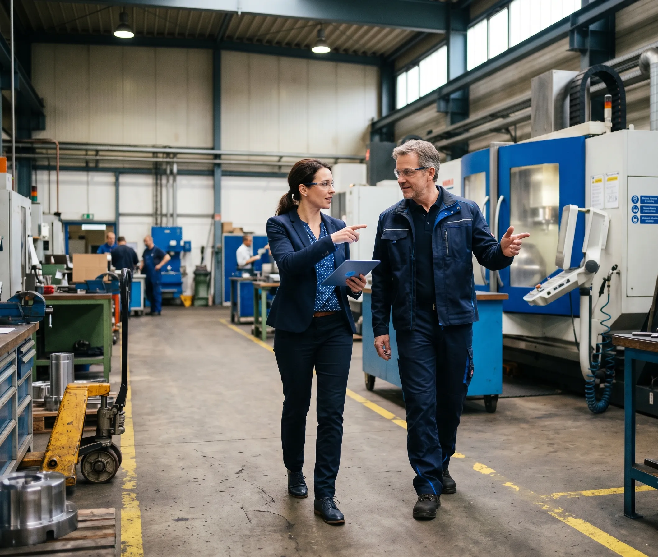 Factory Walk: Software-Experte und Produktionsverantwortlicher gehen gemeinsam mit Tablet durch eine Fertigungshalle (KI-generierte, symbolische Darstellung)