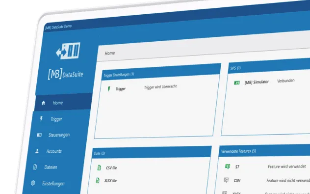 DataSuite-Oberfläche — Steuerungen, Trigger und Dateien auf einen Blick